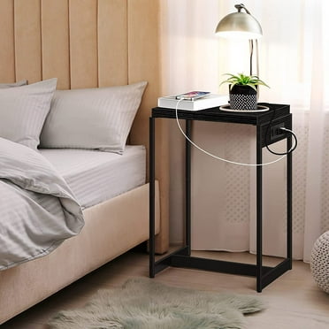 Set of 2 Side Table w/Charging Station, End Tables Nightstand for Bedroom Black
