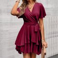 thumbnail image 3 of Women's Party Dress V-Neck Solid Color Waist Defining Irregular Hem Elegant Midi Dress for Spring Fall Banquet Date Night,Wine,4XL, 3 of 6