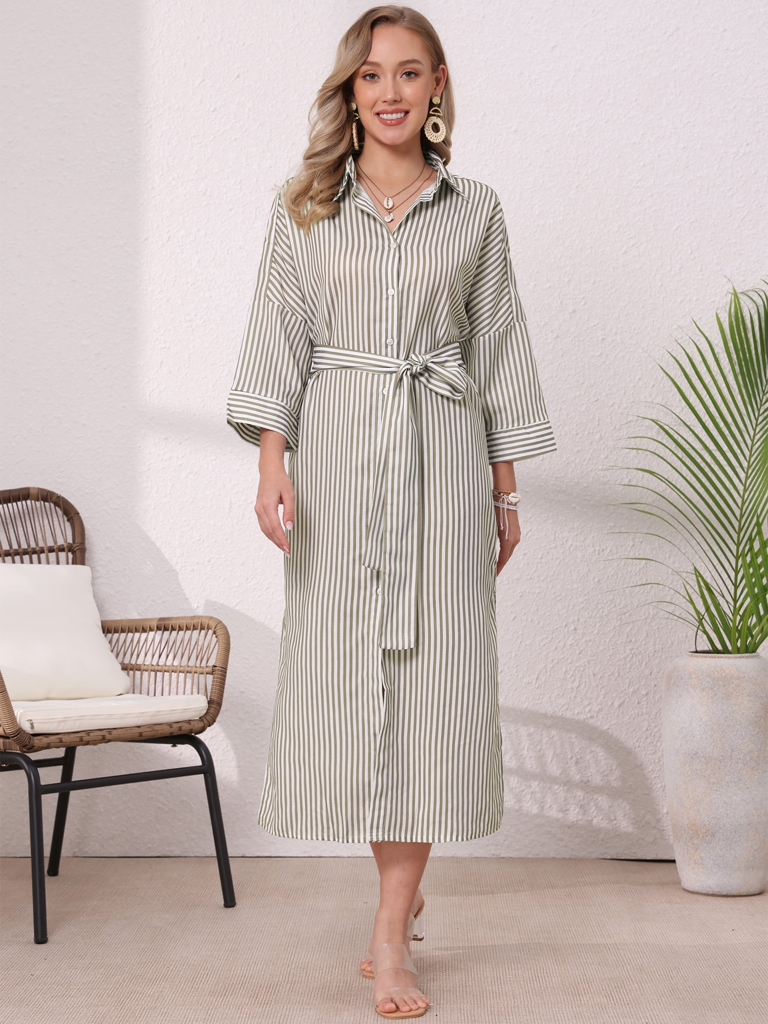 DARING DIVA Women's Stripe 3/4 Sleeve Button Down Split Belted Midi Shirtdress S Khaki