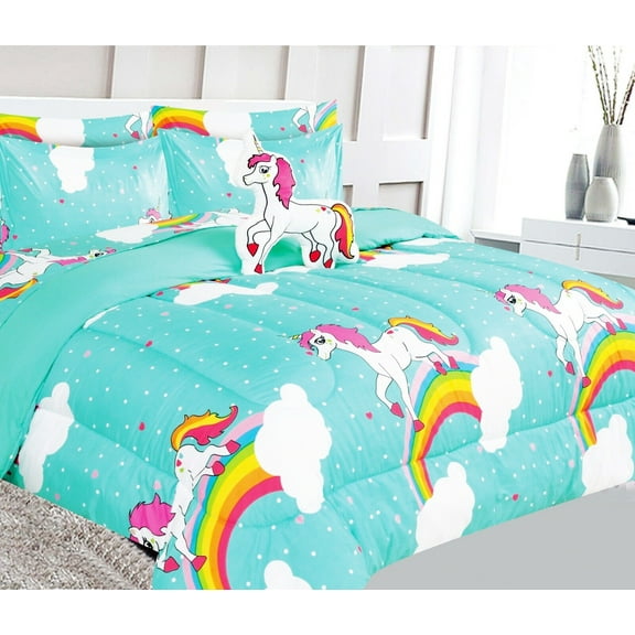 White print design Bed in Bag comforter & sheet set of 6 piece in twin size super soft fade resistant for girls, boys room décor