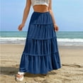 thumbnail image 2 of RUTAYY Fashionable Women Beach Vacation Layered Ruffle Hem Long Skirt Hollow Gathered Cake Skirt Solid Color Smocked Boho Pleated Skirts, 2 of 7