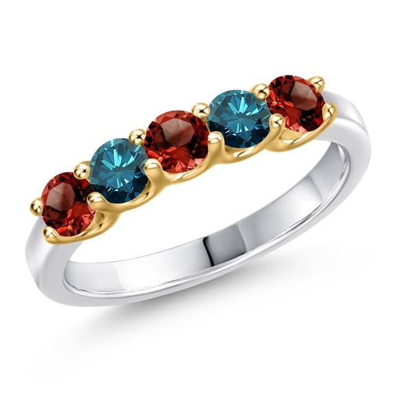 Gem Stone King 10K Two Tone Gold Red Garnet and Blue Diamond Wedding-Bands Ring for Women | 0.90 Cttw | Round 3.5MM | Gemstone January Birthstone | Size 5
