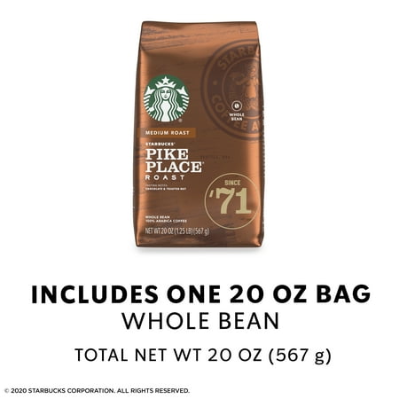 Starbucks 100% Arabica Pike Place Medium Roast Whole Bean Coffee, 20 Oz, Bag