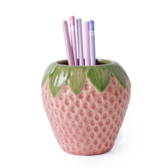 Pen Holder for Desk, Strawberry Shaped Cute Office Desktop Decor, Makeup Brush Holder for Girls(Red)