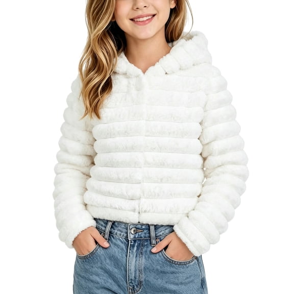 FRSASU Girls Hooded Faux Fur Jacket Plush Short Coat Kids Long Sleeve Warm Outerwear with Hand Pockets White