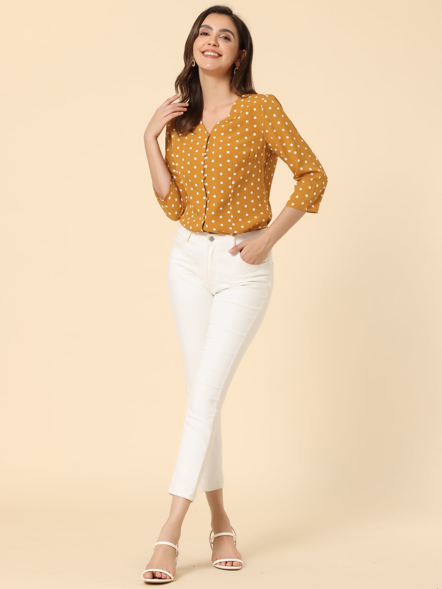 DARING DIVA Women's V Neck Polka Dots 3/4 Sleeve Casual Button Blouse M Yellow