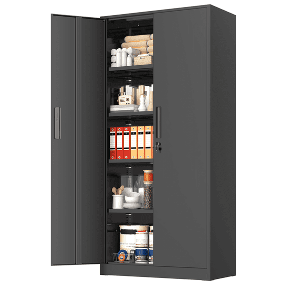 SOLAURA 71" Metal Garage Storage Cabinet with Locking Doors and Adjustable Shelves for Home, Office(Black)
