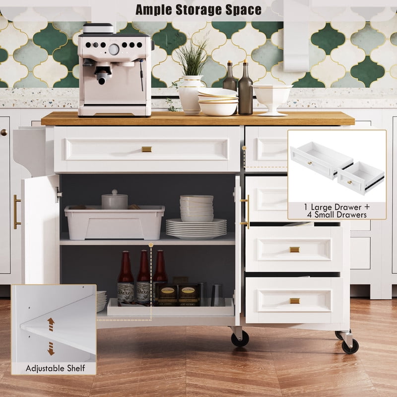Kitchen Island with Drop Leaf, Kitchen Storage Cart with Spice Rack, Towel Rack, 5 Drawers & Adjustable Shelf