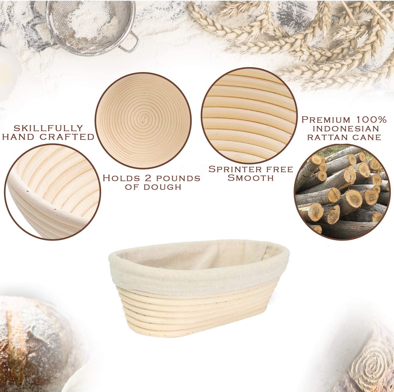 ALLJOY 2pcs Banneton Bread Proofing Basket with 2 Bread Bag，9 Inch Round & 10 Oval Cane Sourdough Bread Proofing Baskets Baking Supplies，Sourdough Starter Kit