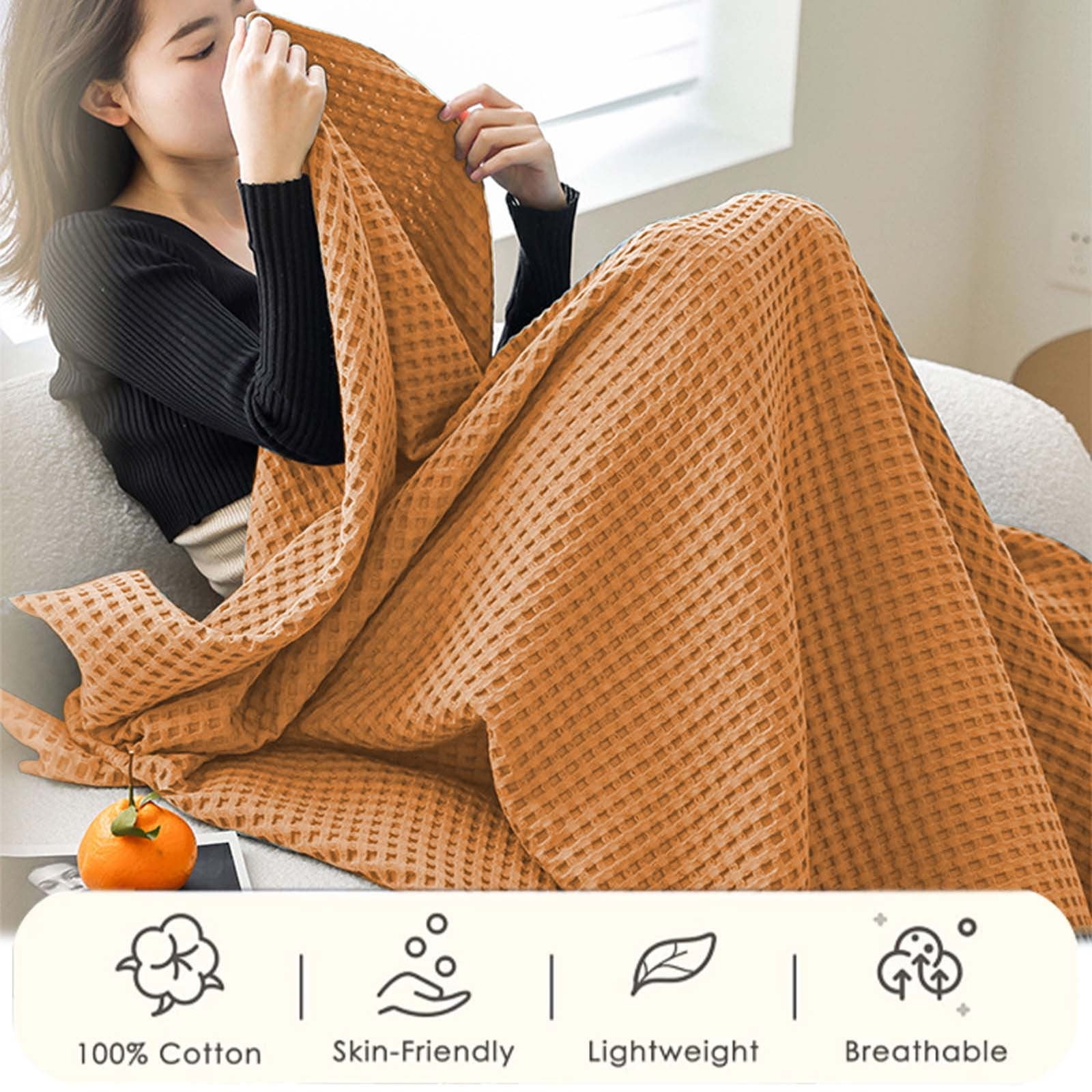 Loyerfyivos Cotton Blankets Queen Size for Bed - Waffle Weave Blankets for Summer, Lightweight and Breathable Soft Woven Blankets for Spring, White, 43.31x59.05in (Orange)