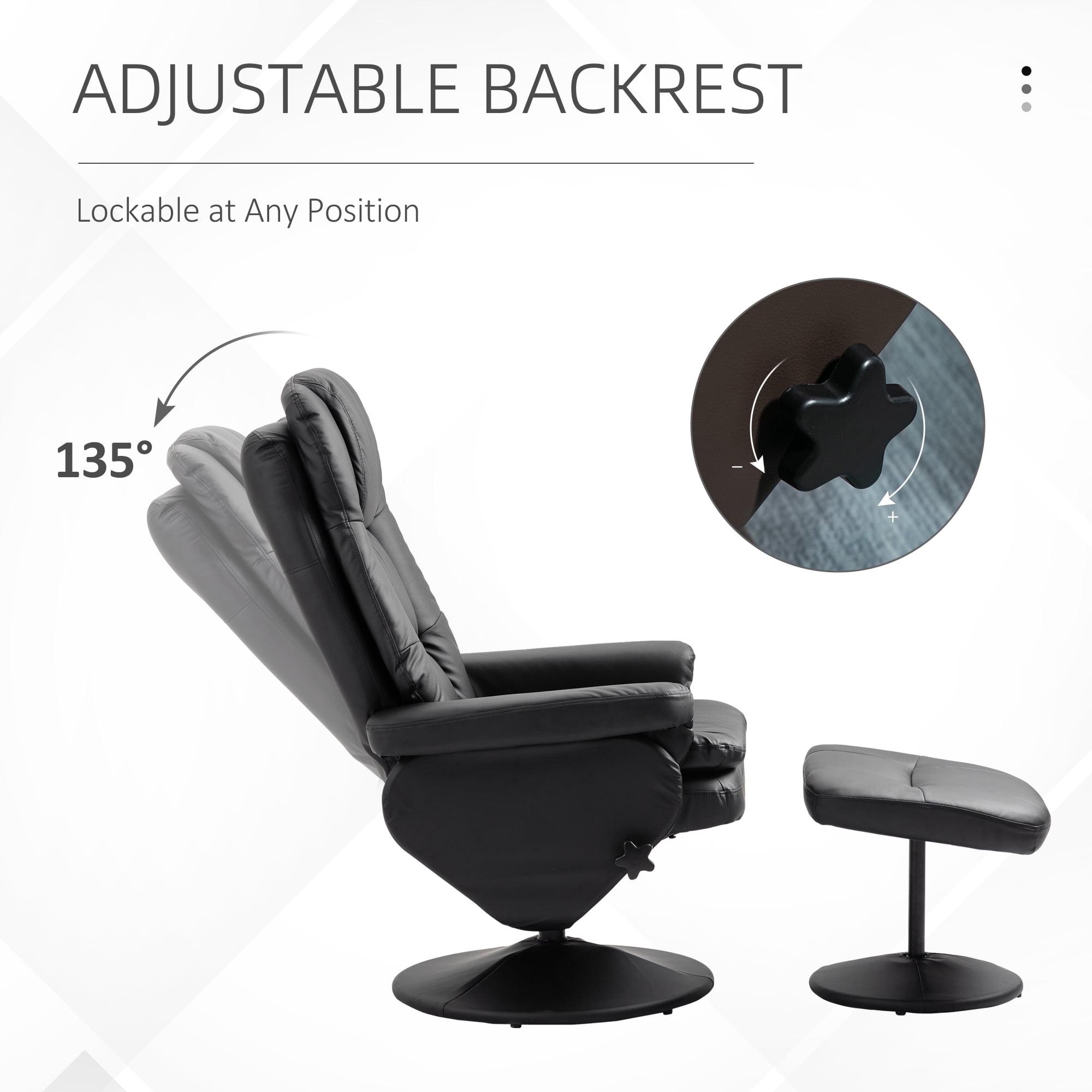 Massage Office Chair with Ottoman, PU Leather Recliner, 135° Recline, Black