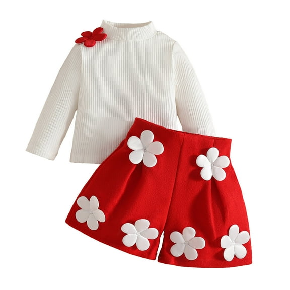 Wdgfv Girls Outfits Sets Long Sleeve High Neck Embroidered Ribbed Top With Button Shorts Winter Fall Casual School Party Outfit For Toddler Baby 6 Months To 3 Years White 12-18 Months