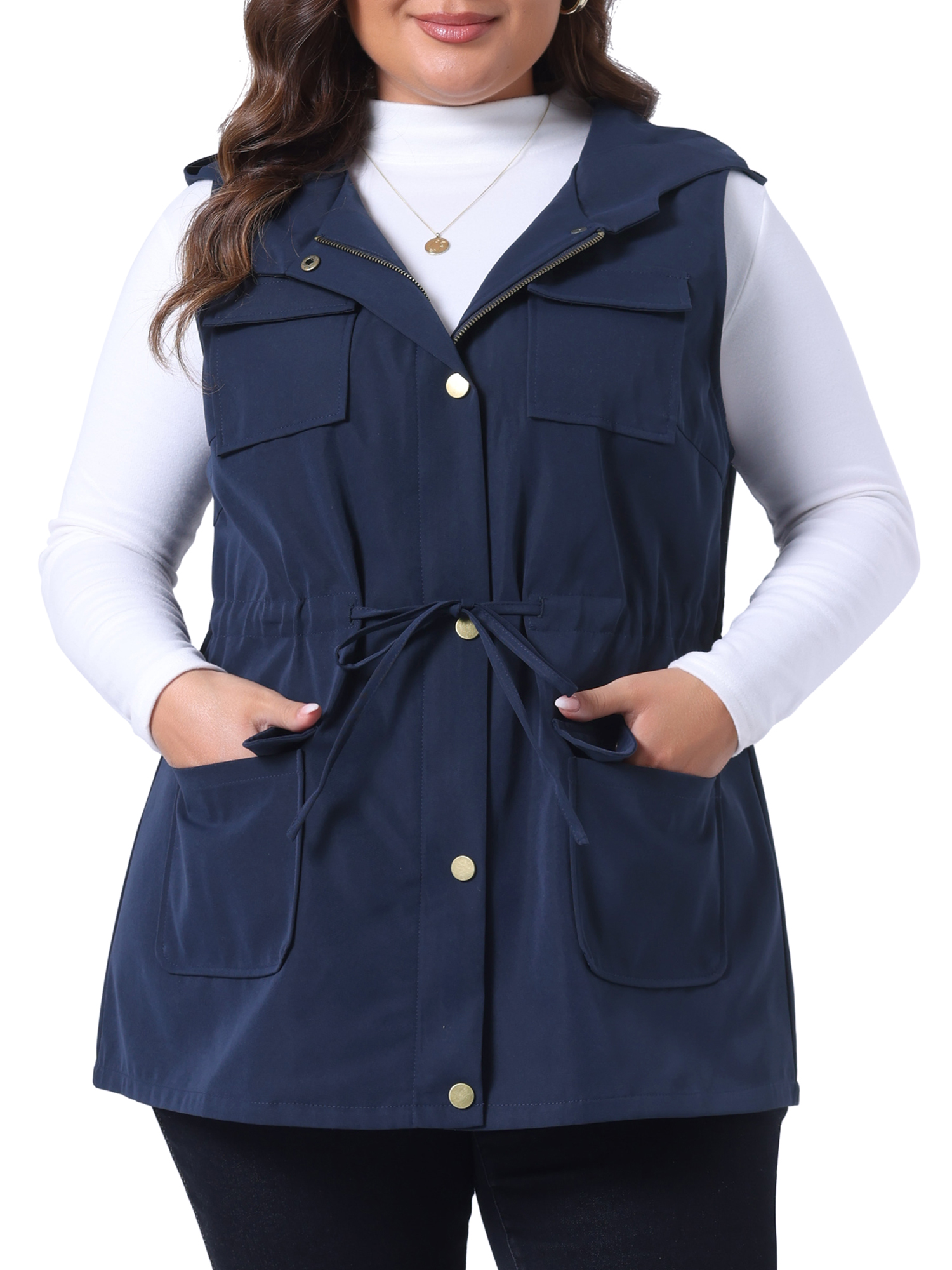 DARING DIVA Women's Plus Size Vest Sleeveless Anorak Cargo Drawstring Jacket 2X Navy Blue