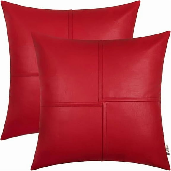 0829 Faux Leather Throw Pillow Covers 18X 18 Inches, Christmas Red Leather Pillow Covers Pack of 2, Hand Stitched Leather Decorative Throw Pillows for Couch Sofa Bed Living Room Home Garden