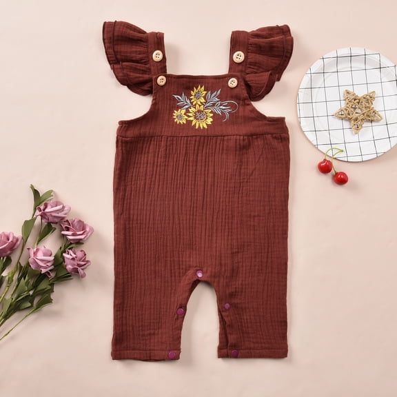 Herrnalise Newborn Infant Baby Girl Clothes Cotton Linen Rompers Newborn Infant Baby Girls Sleeveless Embroidery Print Romper Jumpsuit