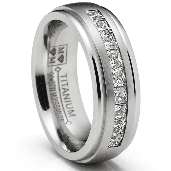 Metal Masters 1.10 Ct. Moissanite Mens Wedding Band Engagement Ring Step Edge 9 Princess Channel-Set 7MM
