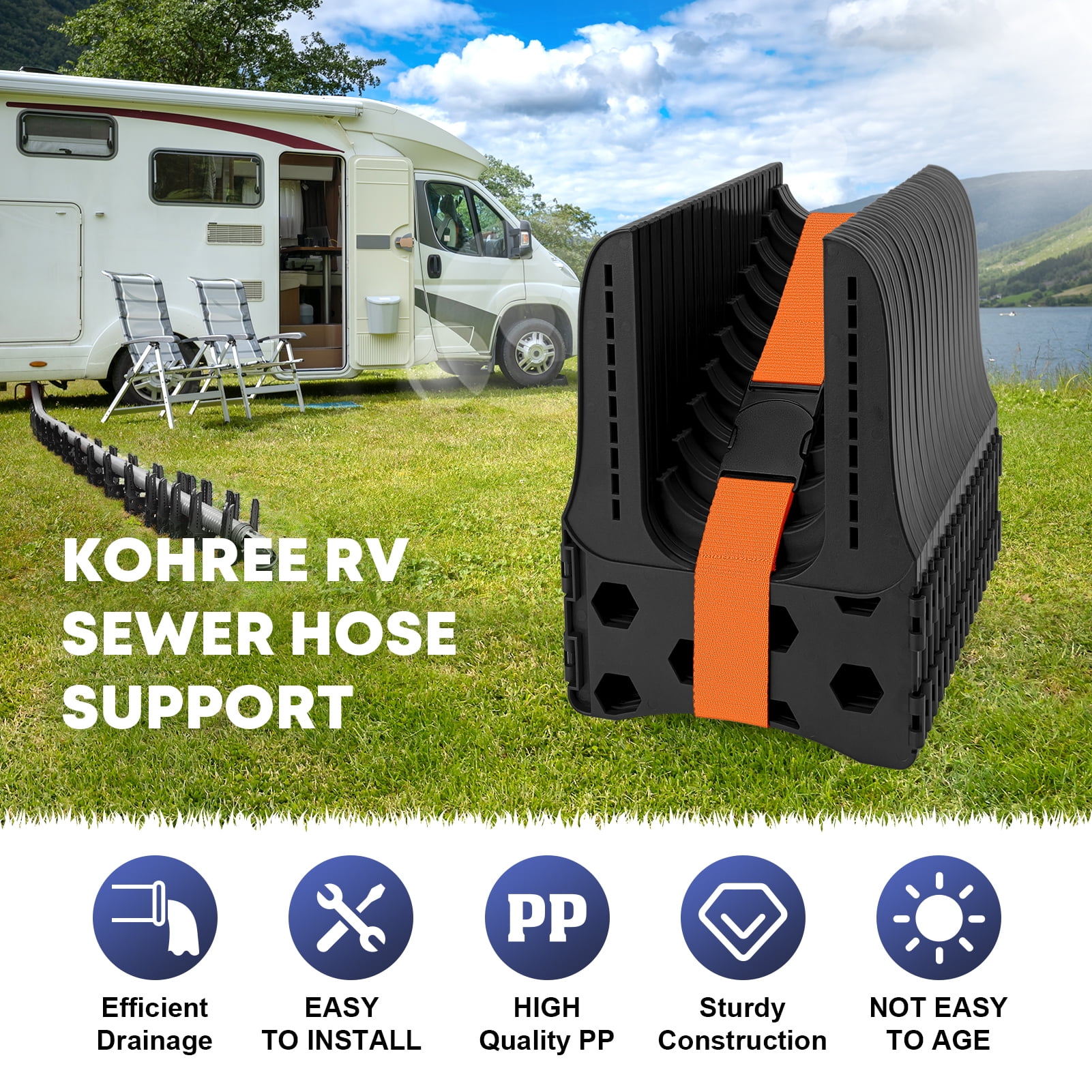 Kohree RV Sewer Hose Support,Heavy-Duty with Height Adjustable for Campers,Black - 15-Foot