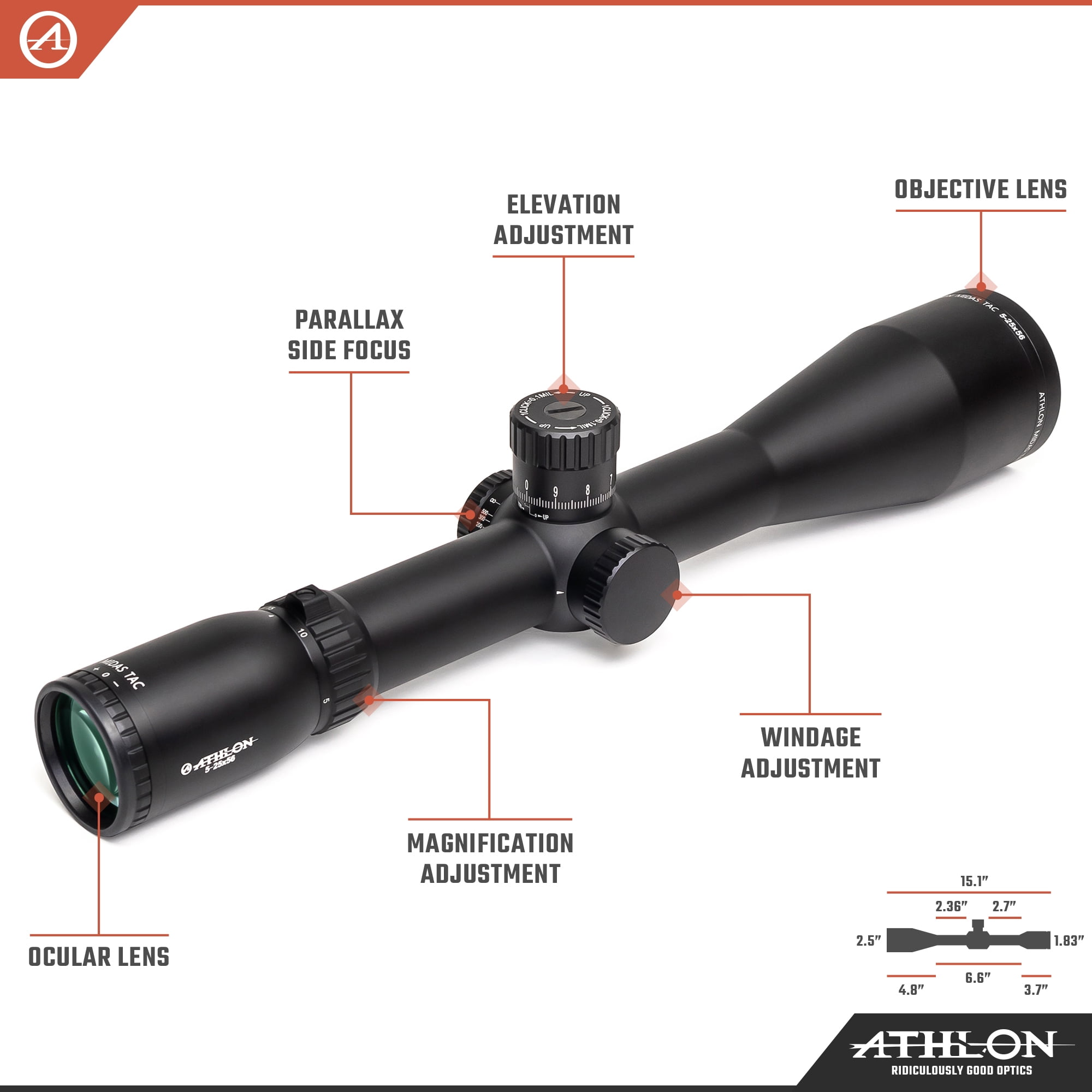 Athlon Optics Midas TAC HD 5-25x56 Direct Dial Elevation and Capped Windage Turrets, Side Focus, 34mm, APRS3 FFP MIL Riflescope