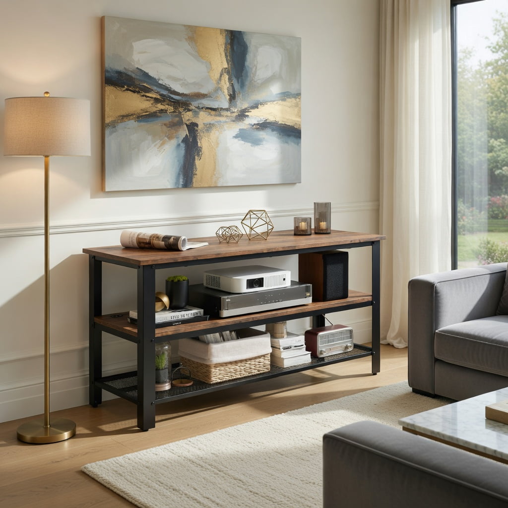 Topcobe 3-Tier Industrial Entertainment TV Stand with Metal Mesh Shelf, Modern TV Stands, TV Furniture for Living Room