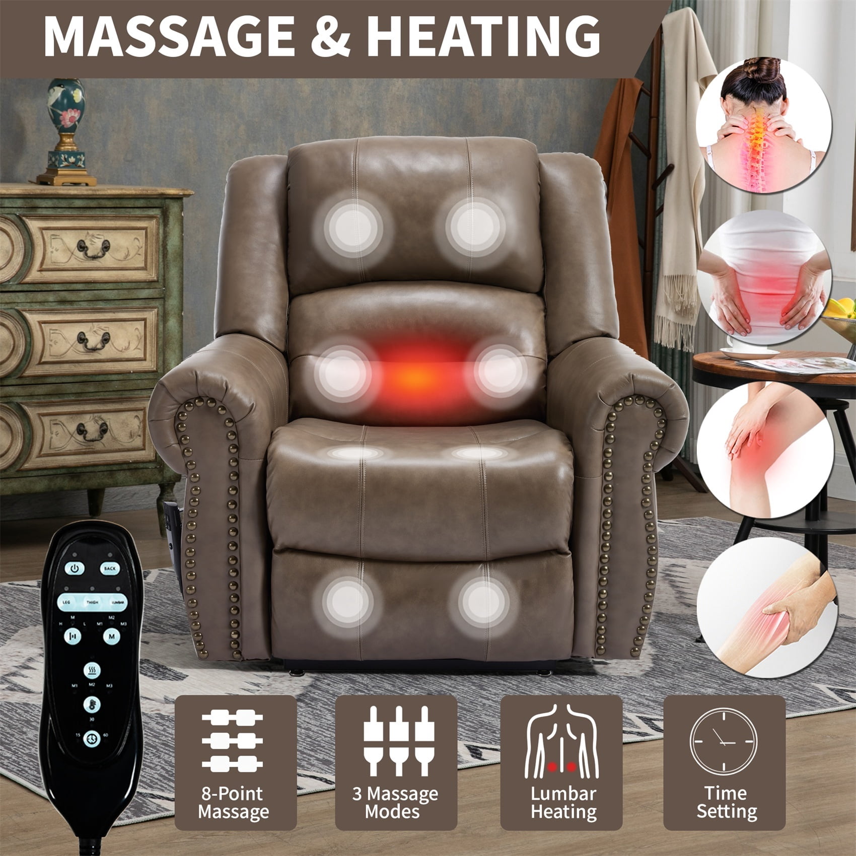 Alvantor Power Lift Recliner Chair for Elderly with Massage and Heat, Leather Lift Recliners Chair with USB Ports Brown