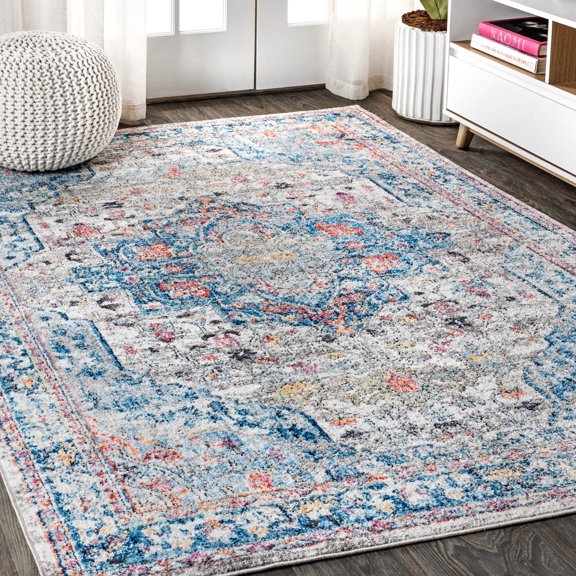 JONATHAN Y 5 x 8 Area Rug, Manisa Vintage Medallion - Ivory/Peacock Blue/Coral, RES103A-5