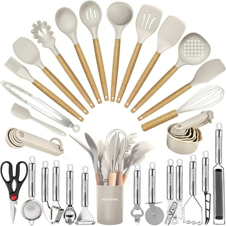 

Kitchen Utensils Set 35 PCs Cooking Utensils Heat Resistant Nonstick Food Grade Silicone and Wooden Handles