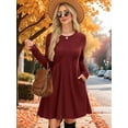 thumbnail image 3 of Long Sleeve Dress for Women Crew Neck Waist Tunic Dress with Pockets Wine Red XXL, 3 of 4