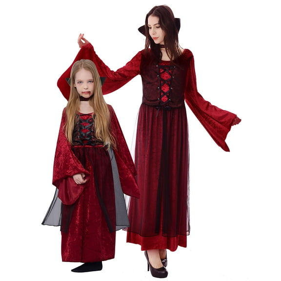 IKALI Girl Vampire Costume Outfit, Princess Gothic Fancy Dress Up Claret Gown for Halloween Party 3-8Years