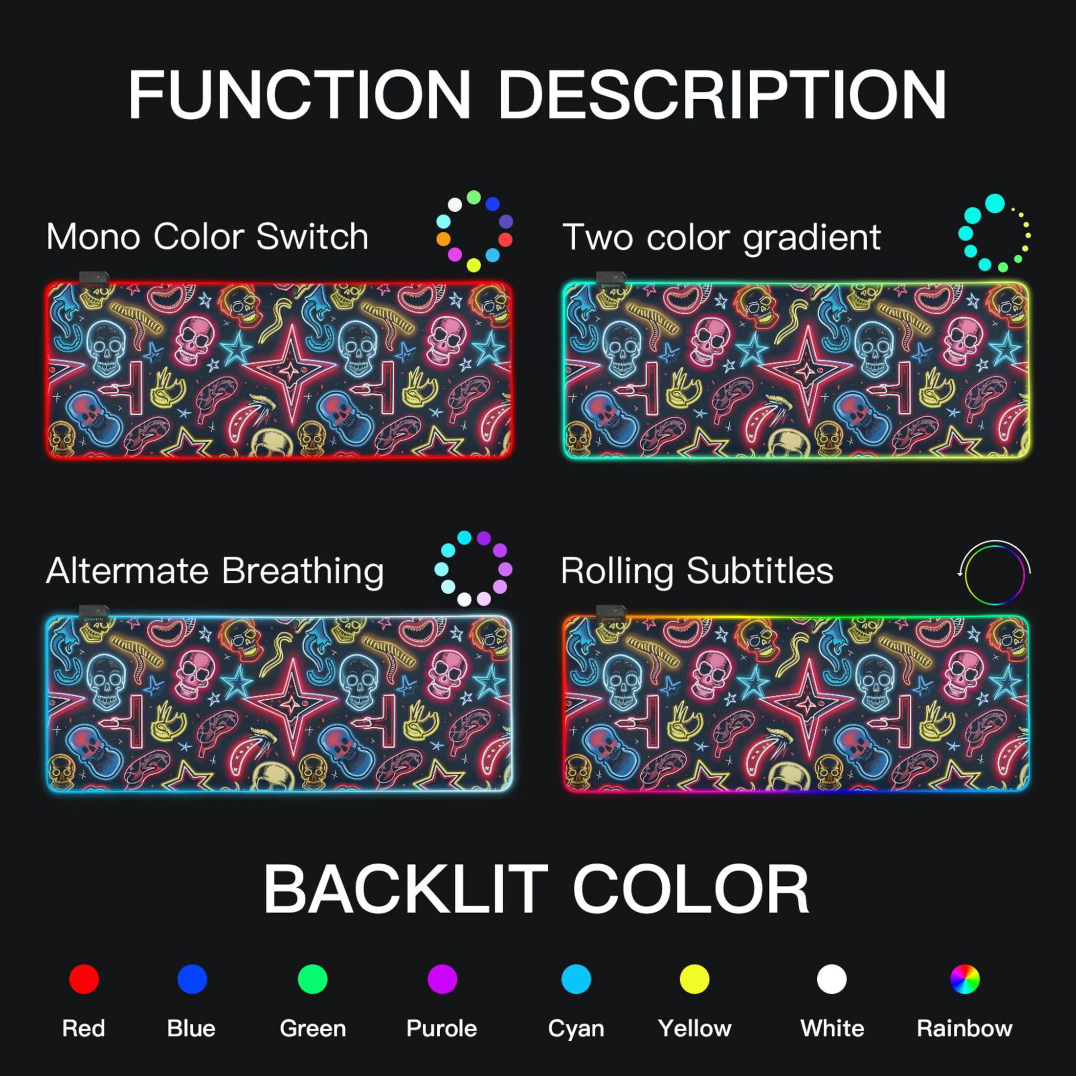Large RGB Gaming Mouse Pad Led Glowing Mousepad Non-Slip Rubber Base 13 Light Modes 31.5x11.8 Neon Skull Star Sausage