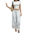 thumbnail image 2 of Women Linen Lace Trim Long Bloomers Pants Ruffle Victorian Vintage Pantaloons Summer Beach Travel Vacation Pants White 2XL, 2 of 6