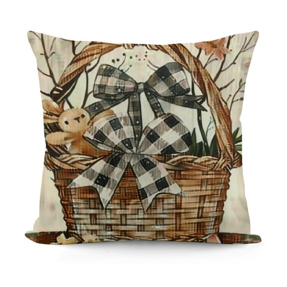 YINGXI  Happy Easter Hello Bunny Grey Buffalo Plaid Throw Pillow Covers,Brown Rabbit Cushion Case Decoration for Sofa Couch 12x12in