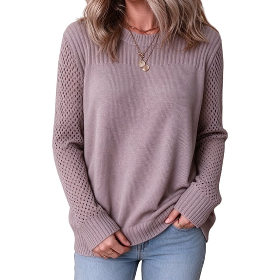 DOKOTOO Sweaters for Women Hollow Out Long Sleeves Soft Knit Crewneck Winter Sweater