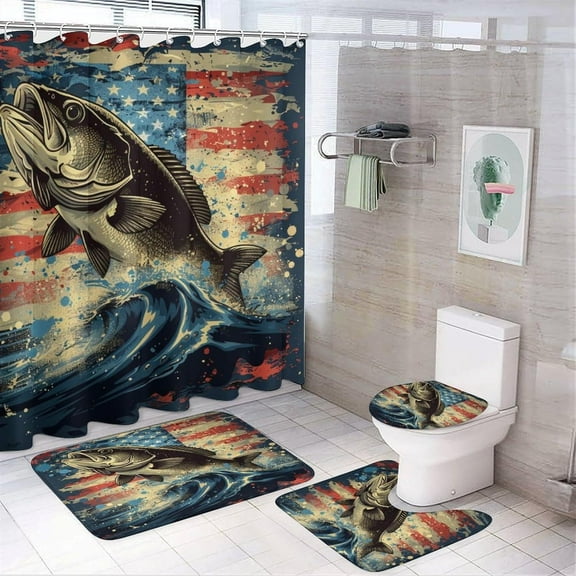 4Pcs American Flag Bass Fish Shower Curtain, Classic USA Fishing Theme Shower Curtain Sets with Toilet Lid Cover, U-Shaped Mat and Non-Slip Rugs, Bathroom Decor Set, 72" x 72"