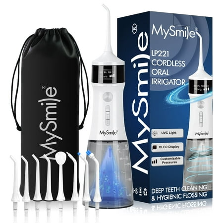 MySmile LP221 OLED Cordless Water Flosser with UVC Sterilizer Light, Portable Oral Irrigator Electric Dental Flosser Picks for Teeth Cleaning, Braces, Gums, 5 Modes, 8 Jet Tips, Travel Bag, White