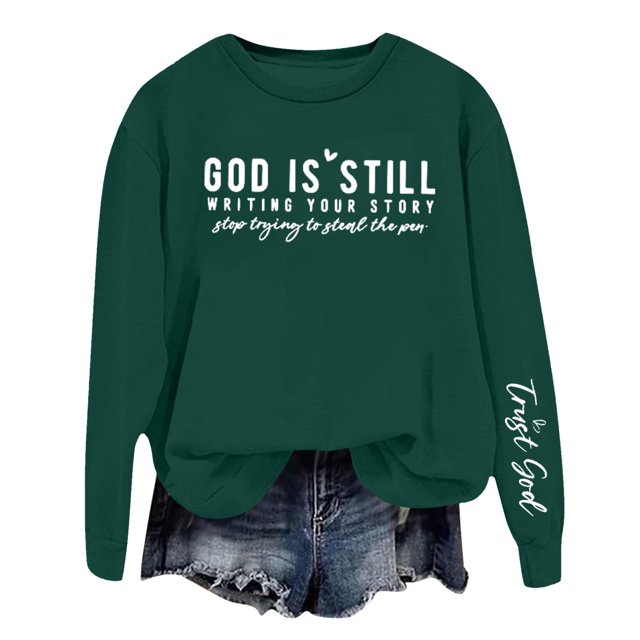 Women's Sweaters Basic Fall Pullover Sweatshirt with Letter Print Round Neck Layering Top Comfort Fit Chandail Femme Green L