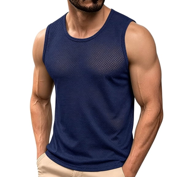 HappyYEE Summer Mesh Tank Tops for Men Wide Shoulder Crew Neck Breathable Sleeveless Tops Quick Dry Sports Tanks Navy L