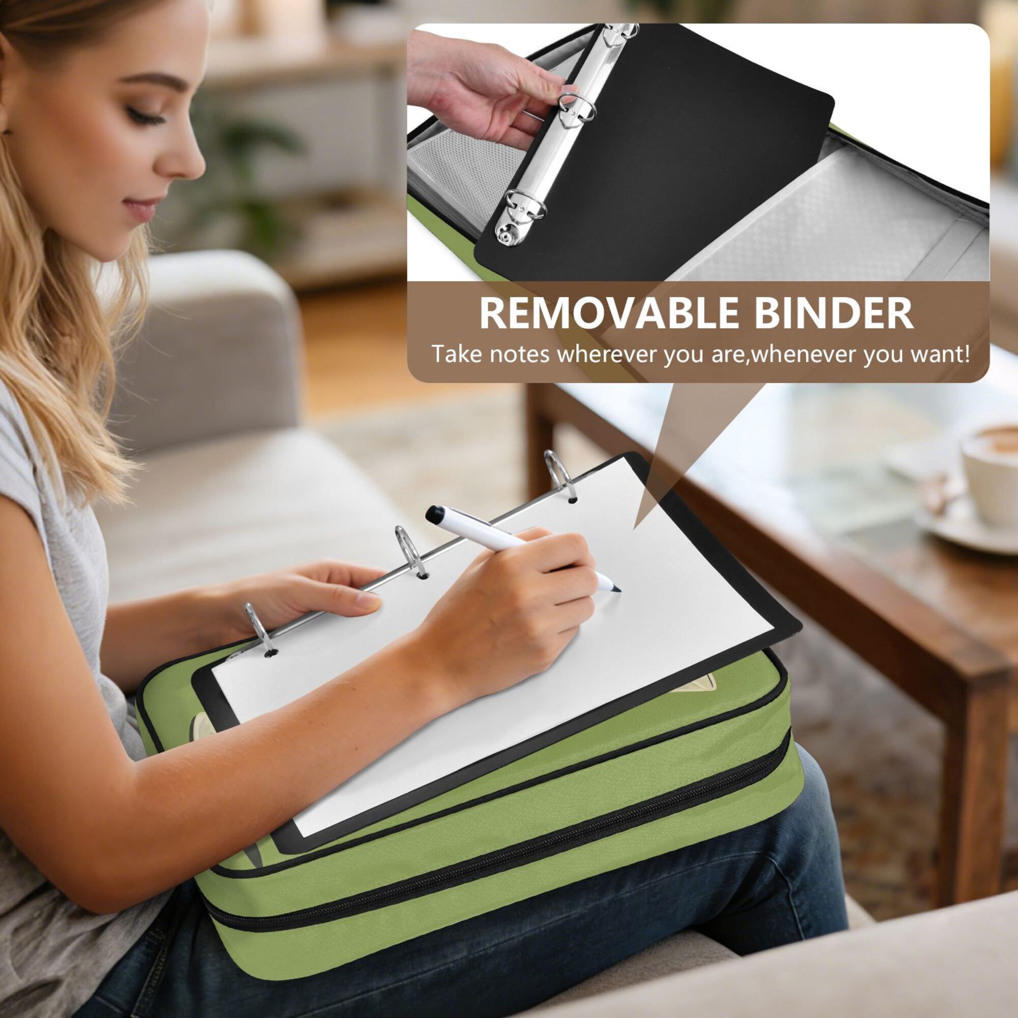 FORMRS Accordion File Folder A4 Size 7-Pocket Expanding Document Organizer Bag with 3 Ring Binder, Martini with Olive