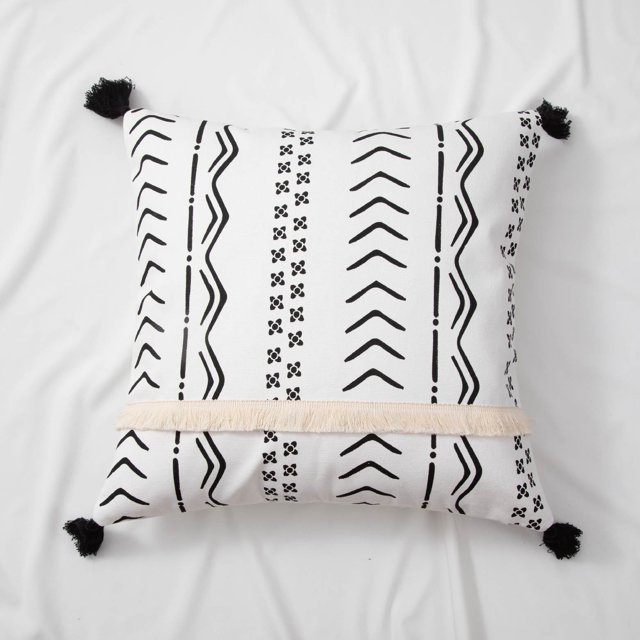 Housse de Coussin Tissée à Franges Style Bohème - Blanc, Coton, Impression sur Écran (B, 45x45cm)