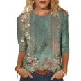 thumbnail image 2 of T-Shirt pour Femmes Hauts Habillés Manches 3/4 Col Rond T-Shirts Imprimé Floral Blouses Amples Chemises Femmes Vert Armée TTG, 2 of 4