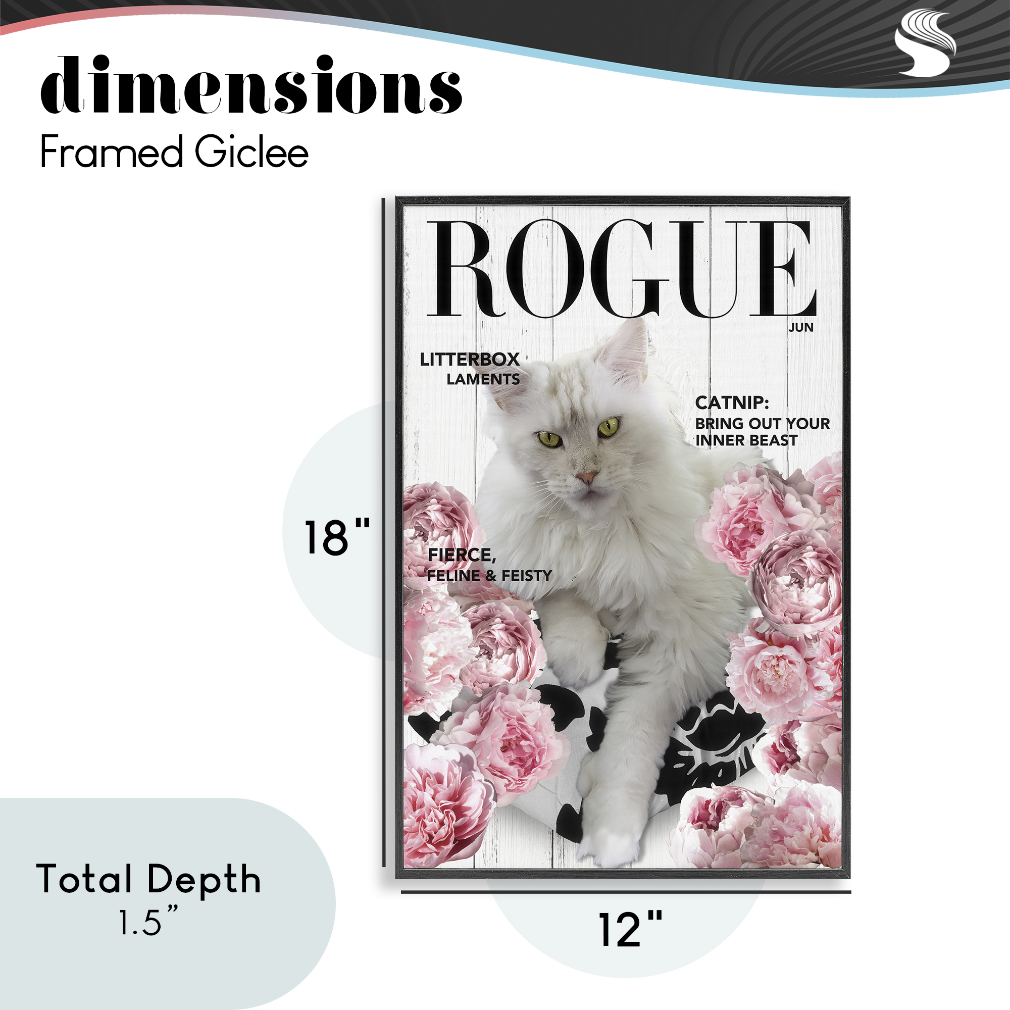 Funny Floral Cat Magazine Black Framed Giclee Art, design by Sasha