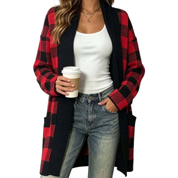 Plaid Cardigans for Women Plus Size Loose Knitted Open Front Fashion Fall Winter Sweaters with Pockets