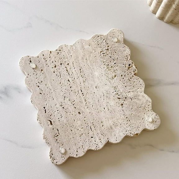 Handmade Beige Travertine Marble Tray - Scalloped Design for Vanity, Desk, Nightstand