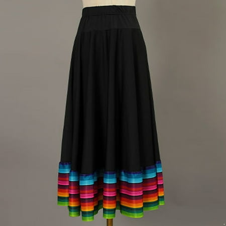 Kvysinly Women High Waist Spanish Flamenco Swing Skirt Mexico Folklorico Performance Folk Dance Skirt Black 75cm 5XL