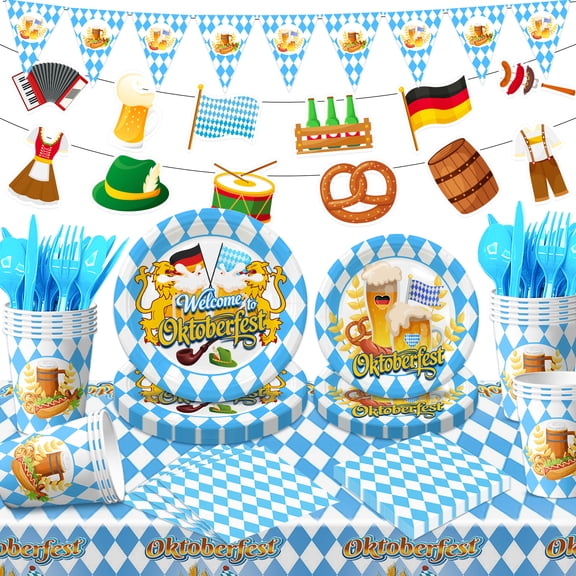 Oktoberfest Party Supplies 16 Guests, Bavarian Tableware Set, Blue and White German Beer Festival Theme Plates and Napkins for Party Decorations