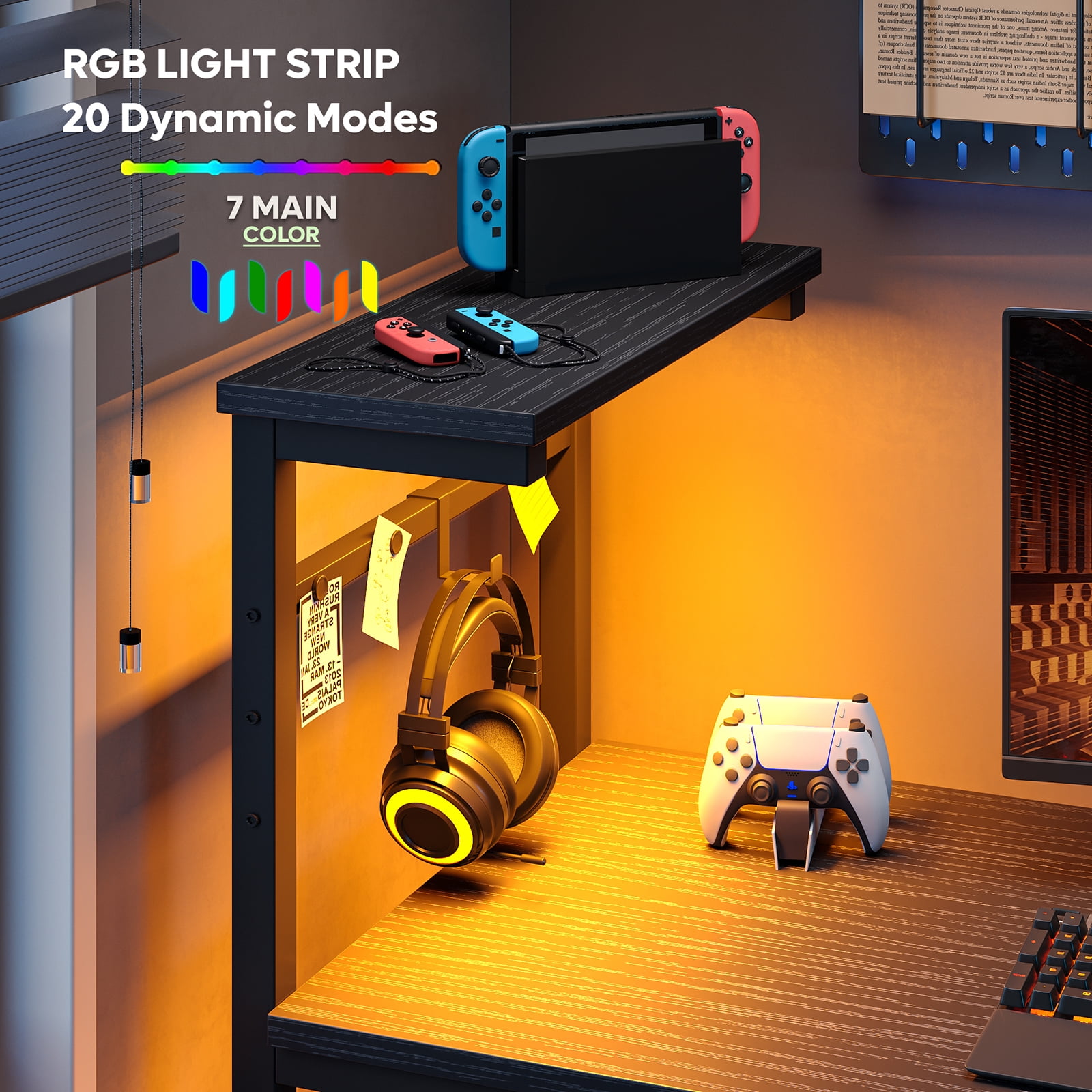 Bestier Computer Gaming PC Desk 44 inch Gamer Table with LED Lights, Reversible 4 Tier Storage Shelves, Black