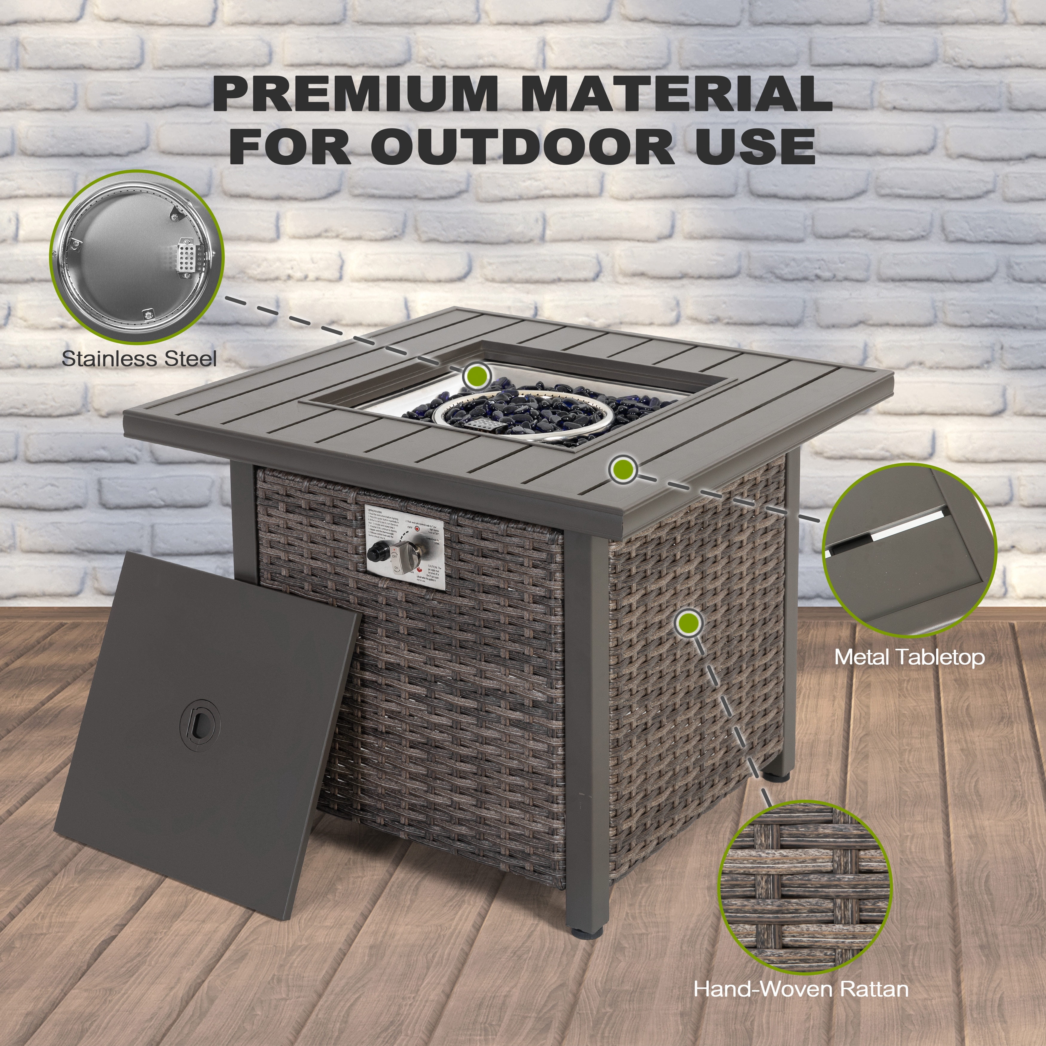 Nuu Garden Square 30" Outdoor Propane Fire Pit Table, 50,000 BTU Gas Fire Pit with Lid, Hand-Woven Wicker, with Glass Beads and CSA Certification