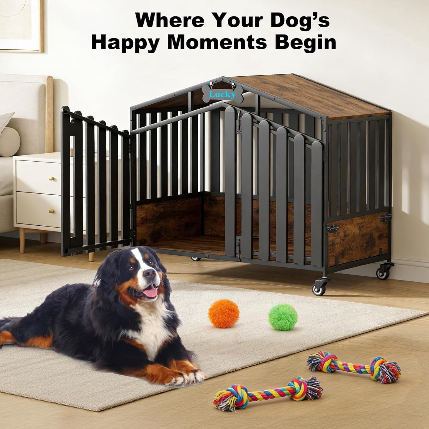 POAO 48"Heavy Duty Dog Crate Furniture for Large Dogs(Over 60lb), Dog Kennel Indoor with 360° Wheels, Dog House with Feeding Window and Name Tag