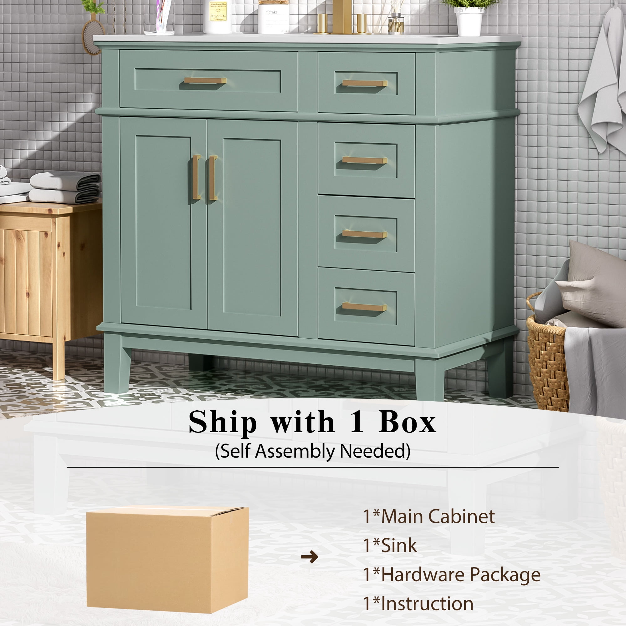 Euroco 36" Bathroom Cabinet with Ceramic Sink, Soft-Close Doors, Golden Handles, Ample Storage, and Overflow Protection