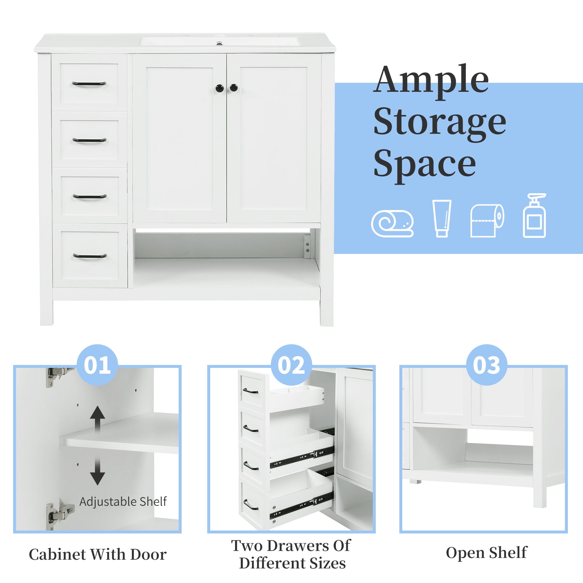 Harper & Bright Designs 36" Bathroom Vanity with Sink Top, Modern Single Sink Bathroom Vanity with Doors, Drawers and Open shelf, Freestanding Bathroom Storage Cabinet with Ceramic Basin, White