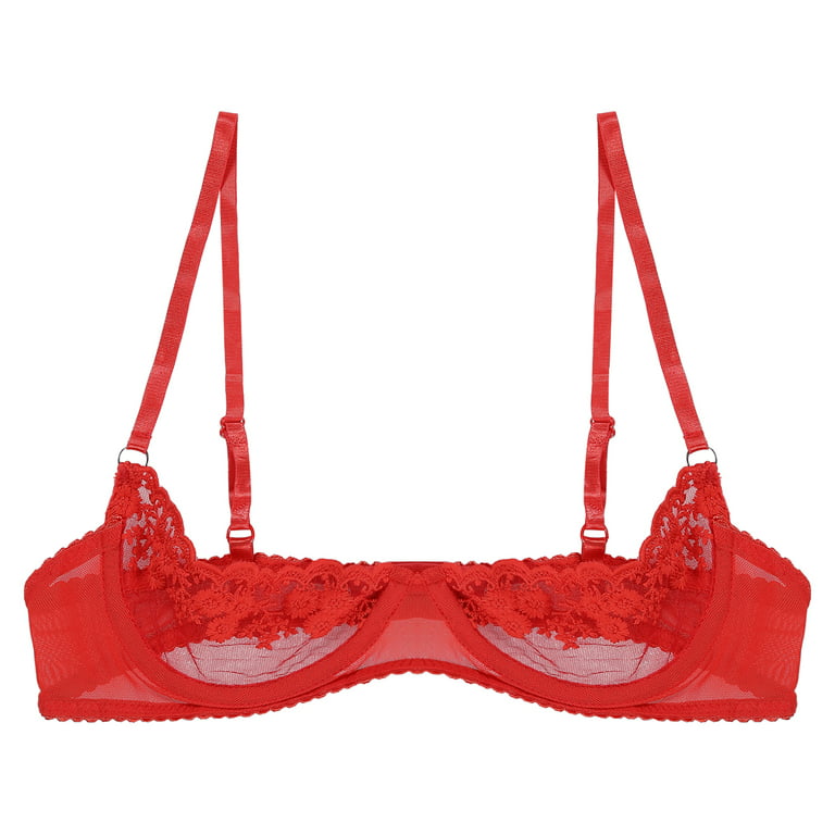 inhzoy Women Floral Lace 1/4 Cup Underwired Bra Push Up Bra Red L